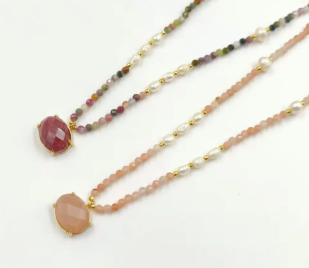 Boho & Mala 16inch Natural Light Pink Stone & Freshwater Pearl Necklace