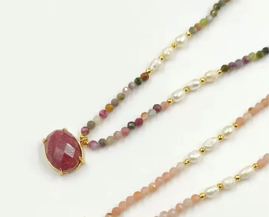 Boho & Mala 16inch Natural Strawberry Stone & Freshwater Pearl Necklace