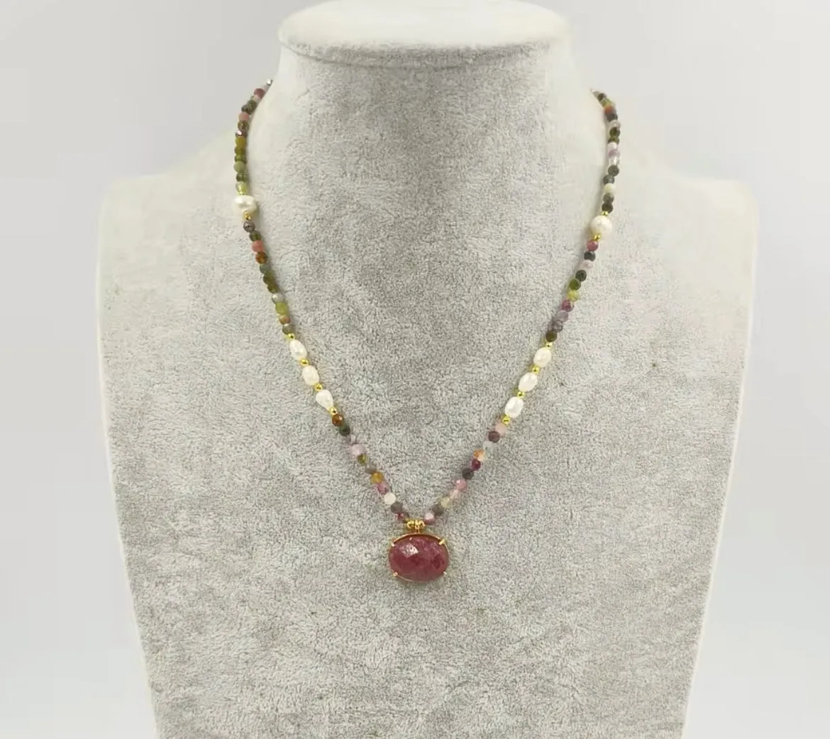 Boho & Mala 16inch Natural Strawberry Stone & Freshwater Pearl Necklace