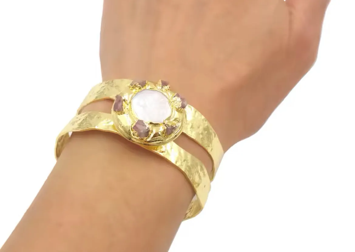 Boho & Mala Freshwater Pearl & Stone Brass Cuff Bracelet