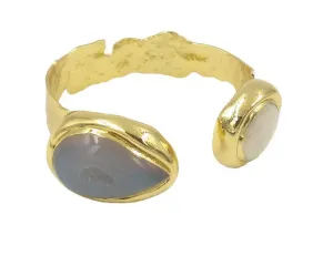 Boho & Mala Gold Druzy Agate & Pearl Brass Cuff Bracelet