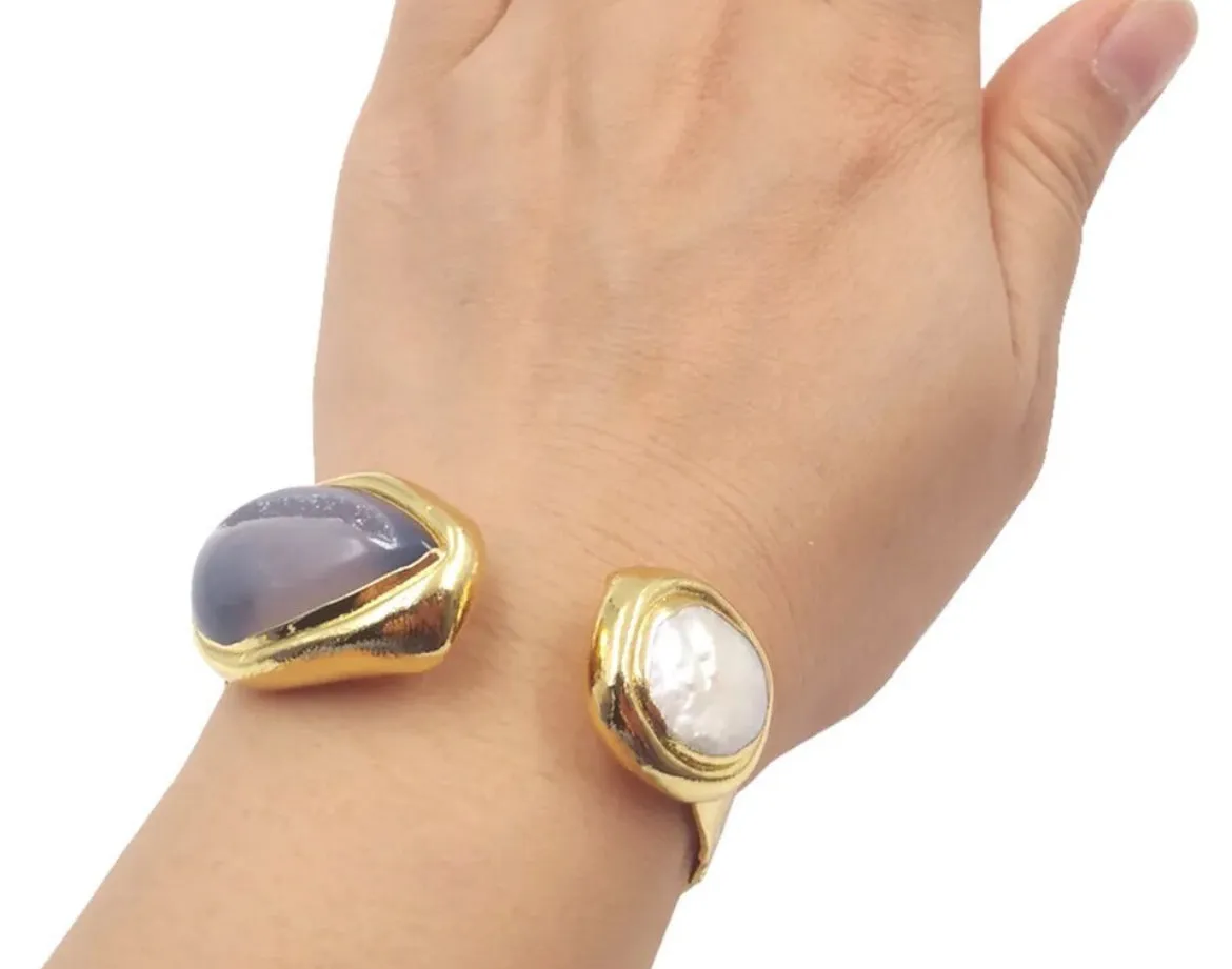 Boho & Mala Gold Druzy Agate & Pearl Brass Cuff Bracelet