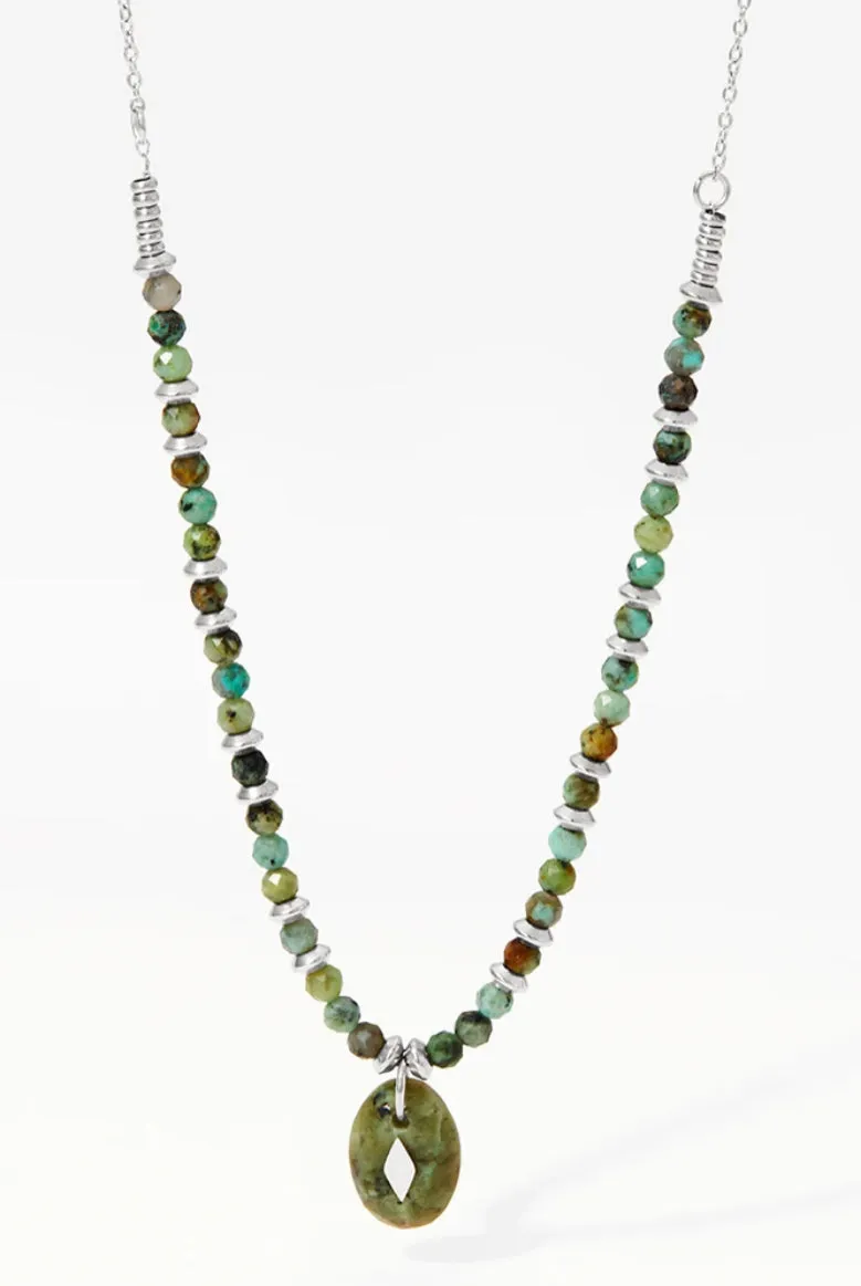 Boho & Mala Green Stone Stainless Steel Pendant Necklace