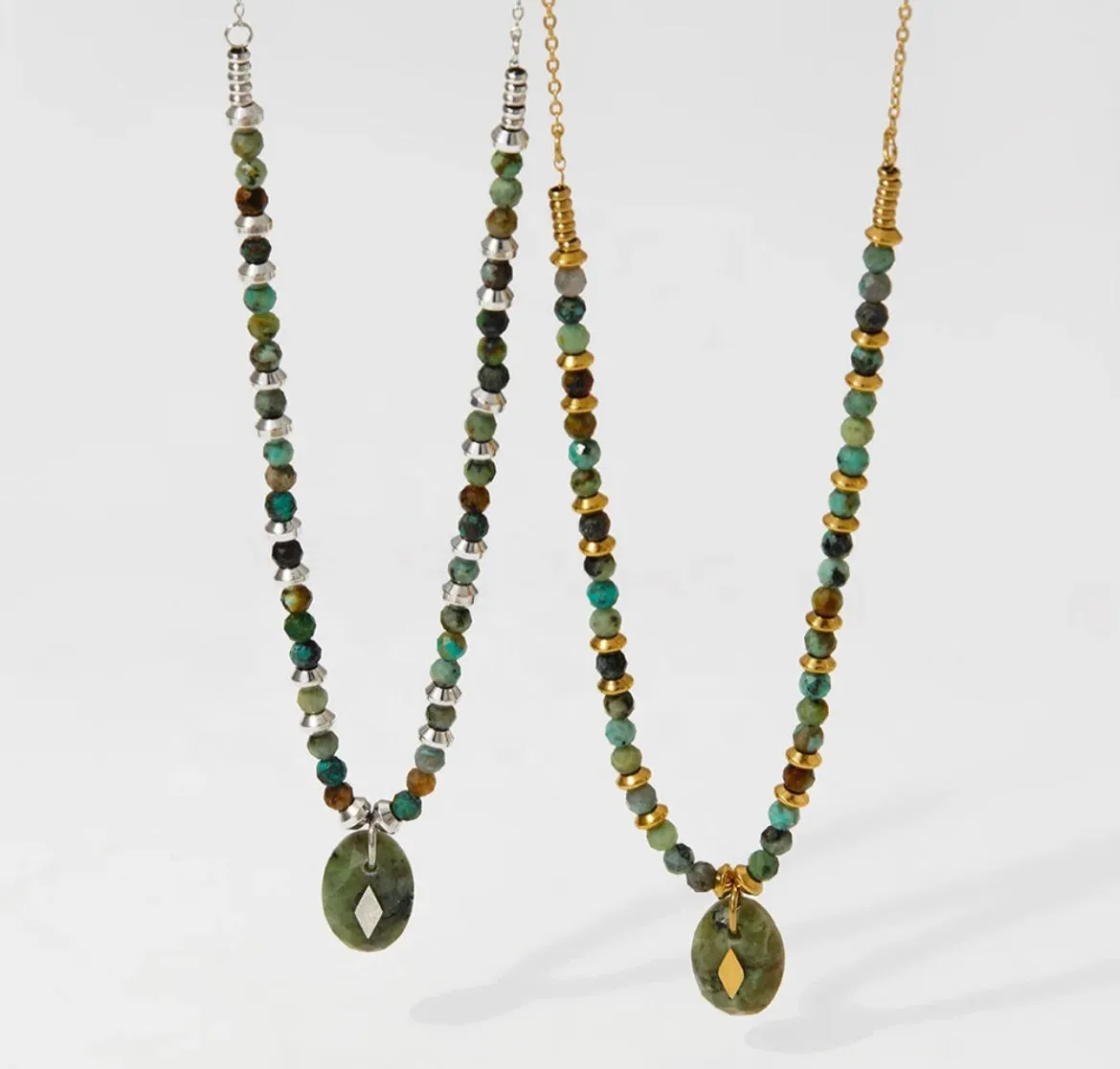 Boho & Mala Green Stone Stainless Steel Pendant Necklace