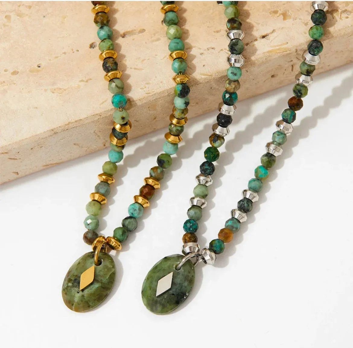 Boho & Mala Green Stone Stainless Steel Pendant Necklace