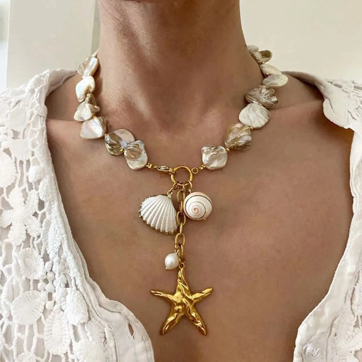 Boho & Mala Shell & Pearl Stainless Steel Charm Gold Plated Necklace