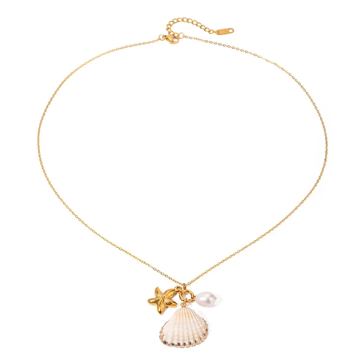 Boho & Mala Shell & Pearl Stainless Steel Charm Gold Plated Necklace