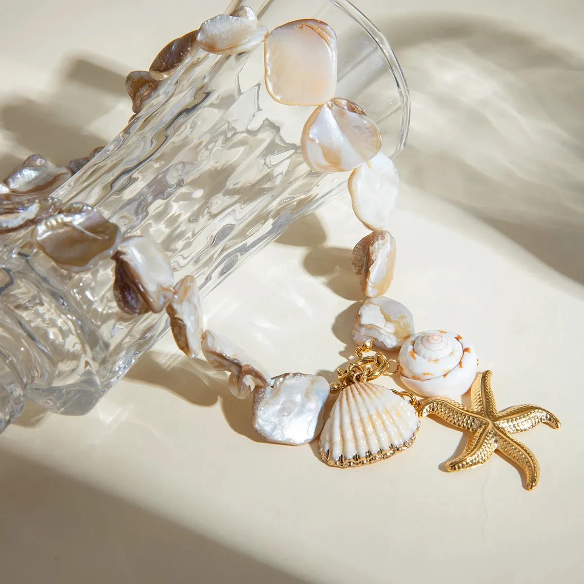 Boho & Mala Shell & Pearl Stainless Steel Charm Gold Plated Necklace
