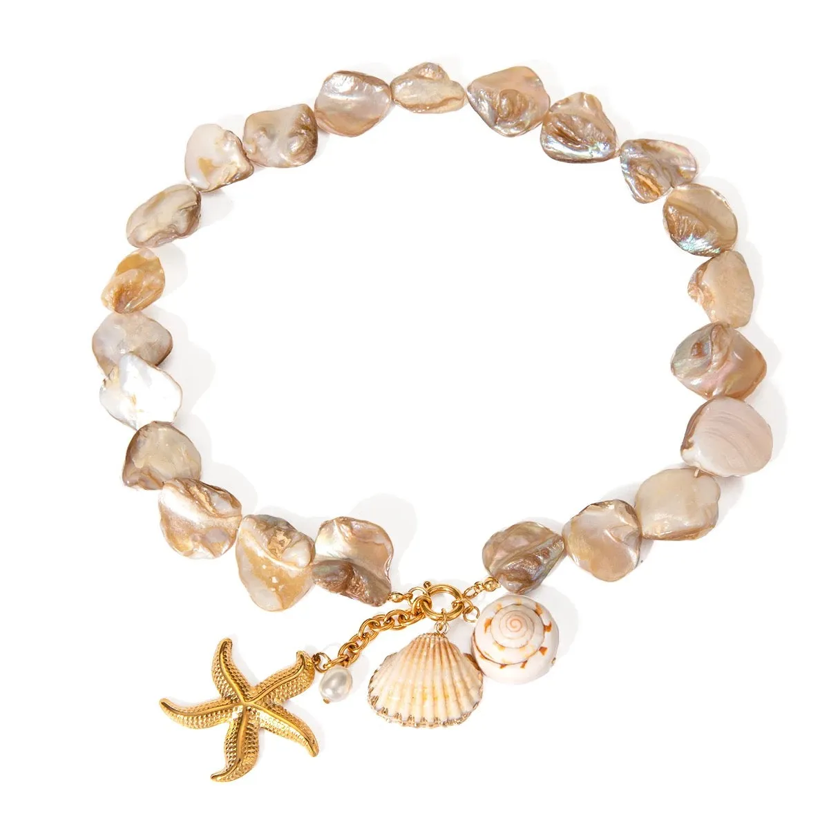 Boho & Mala Shell & Pearl Stainless Steel Charm Gold Plated Necklace
