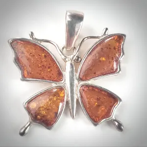 Butterfly Cognac Amber & Sterling Silver Pendant