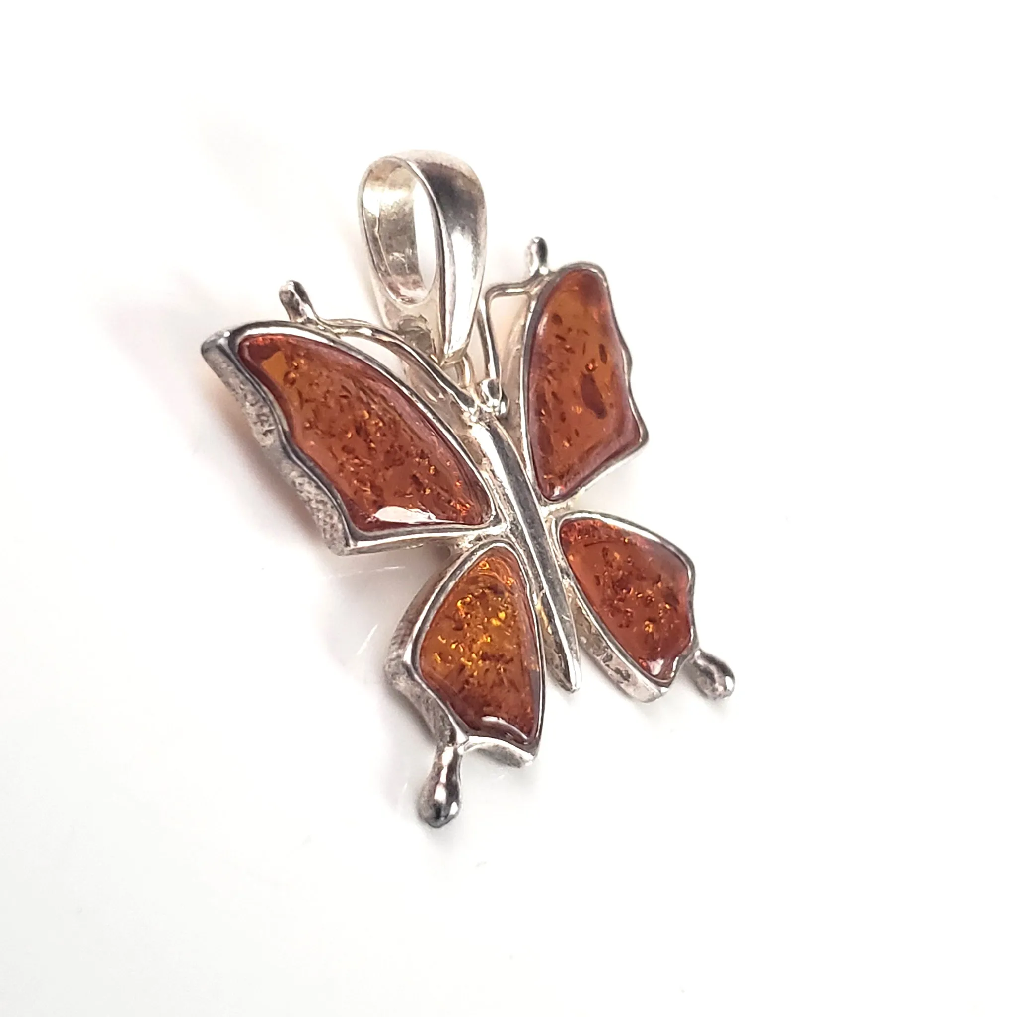 Butterfly Cognac Amber & Sterling Silver Pendant