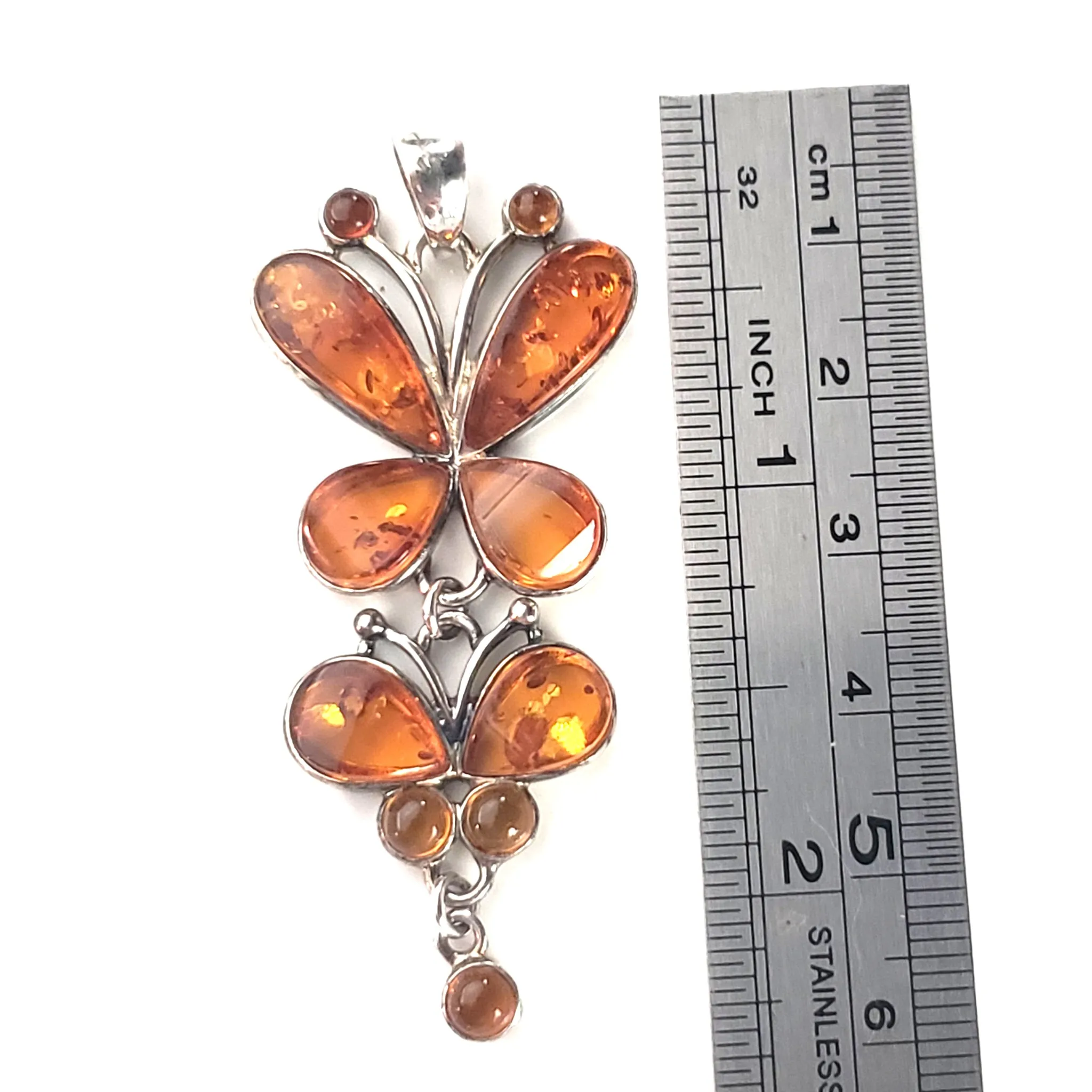 Butterfly Honey Amber & Sterling Silver Long Pendant