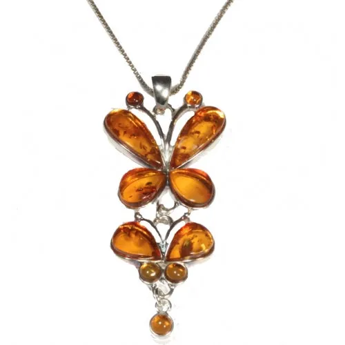 Butterfly Honey Amber & Sterling Silver Long Pendant