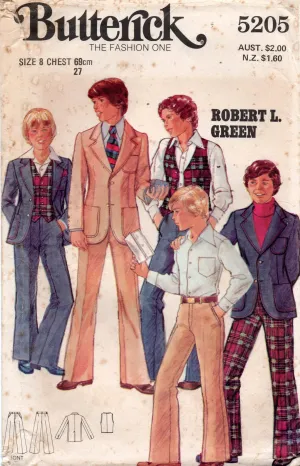 Butterick 5205 ROBERT L GREEN Retro Boys 3 Piece Suit with Wide Lapels 1970s Vintage Sewing Pattern Size 8 or 10