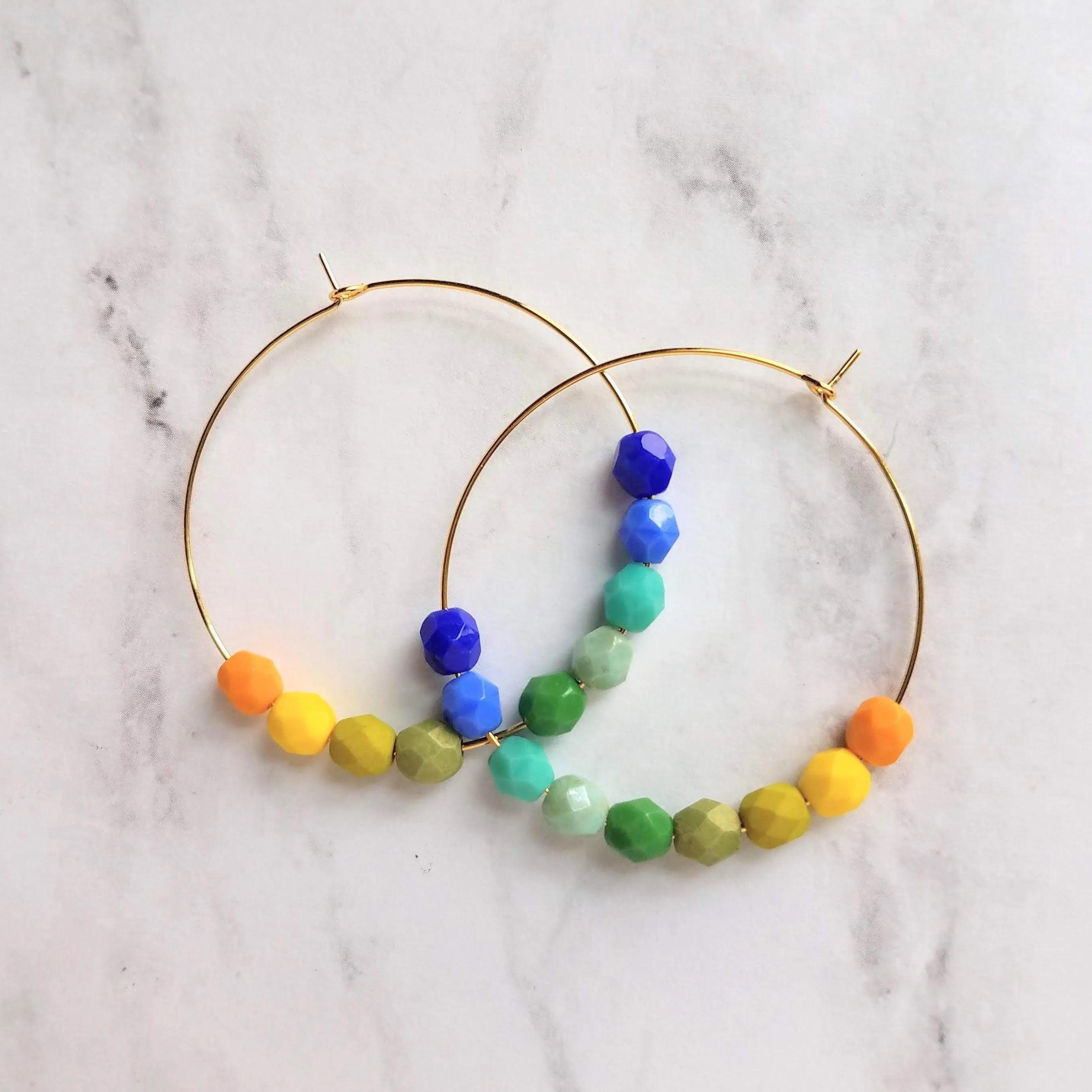 Chunky Bead Earrings - large gold hoop, summer earrings, beaded hoops, bright colorful earring, green blue yellow beads, tropical earrings