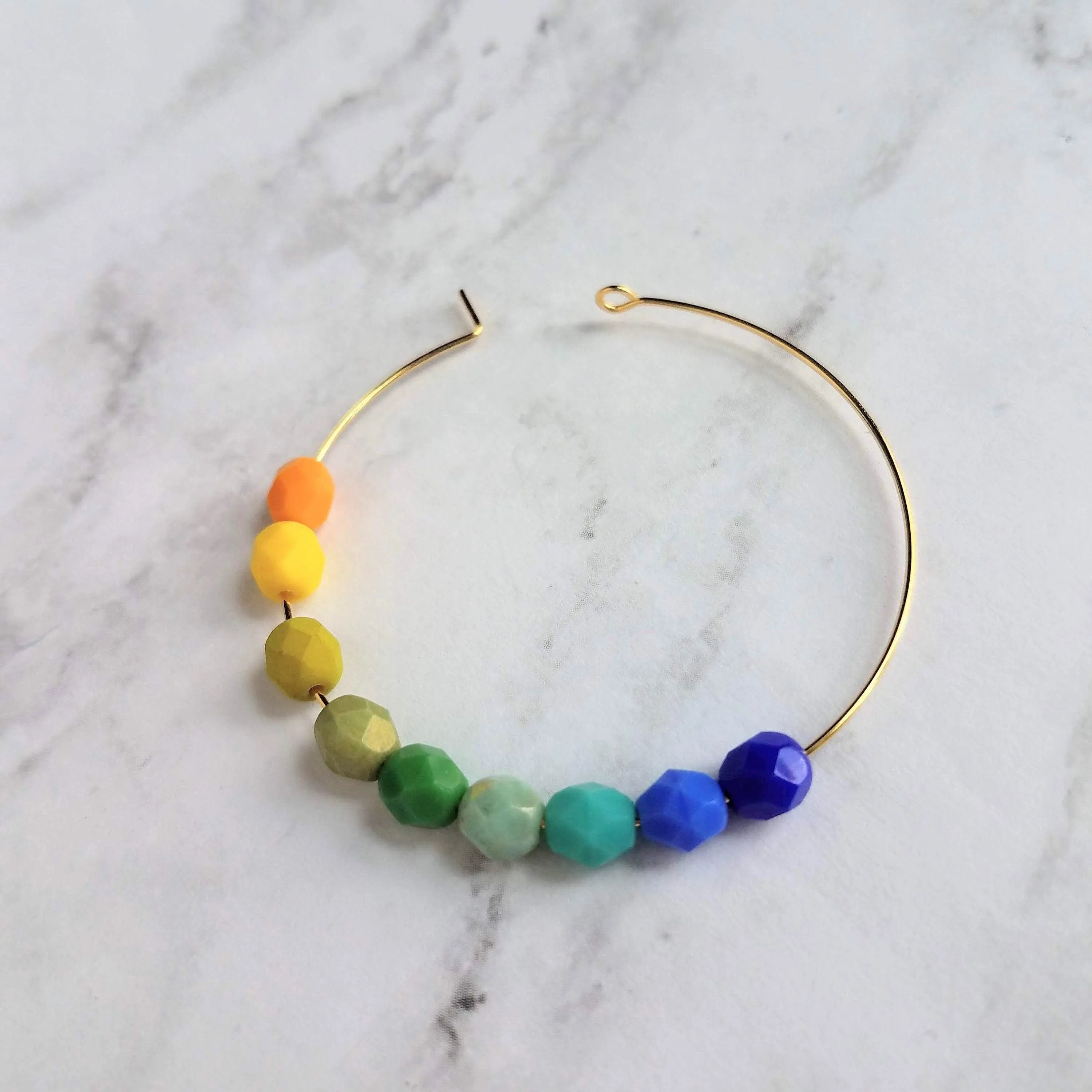 Chunky Bead Earrings - large gold hoop, summer earrings, beaded hoops, bright colorful earring, green blue yellow beads, tropical earrings