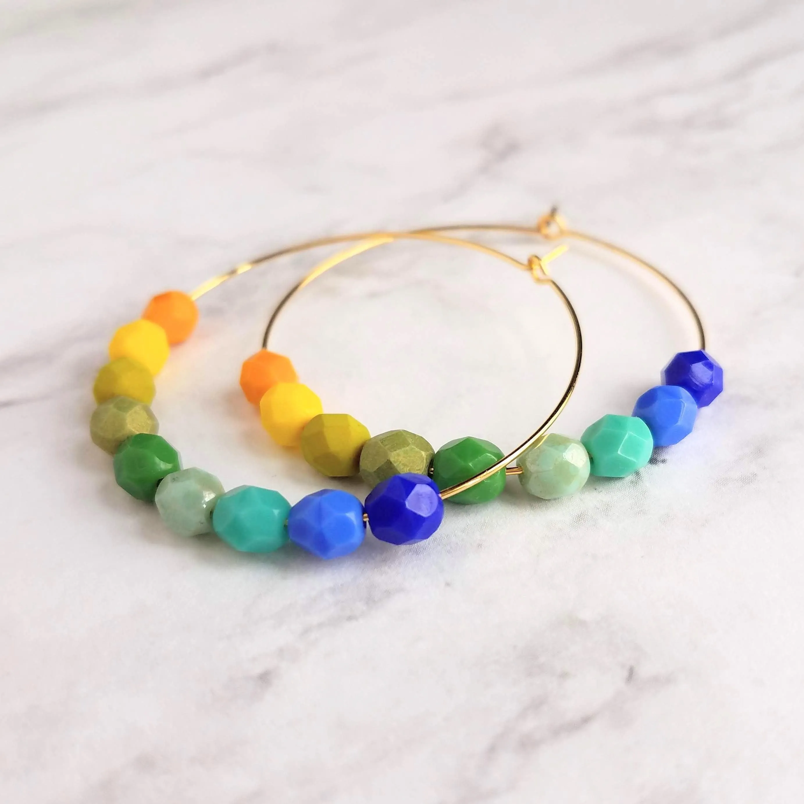 Chunky Bead Earrings - large gold hoop, summer earrings, beaded hoops, bright colorful earring, green blue yellow beads, tropical earrings