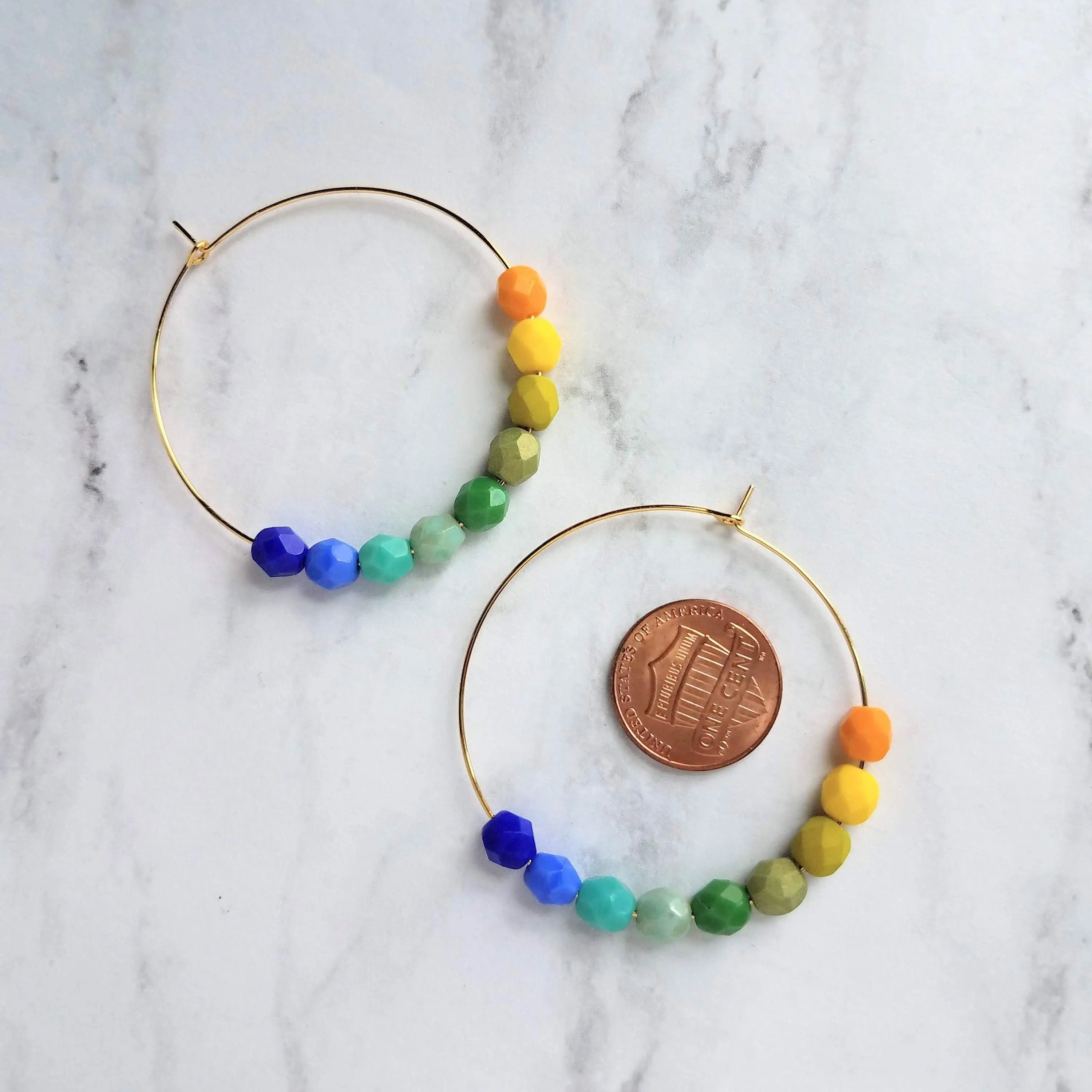 Chunky Bead Earrings - large gold hoop, summer earrings, beaded hoops, bright colorful earring, green blue yellow beads, tropical earrings