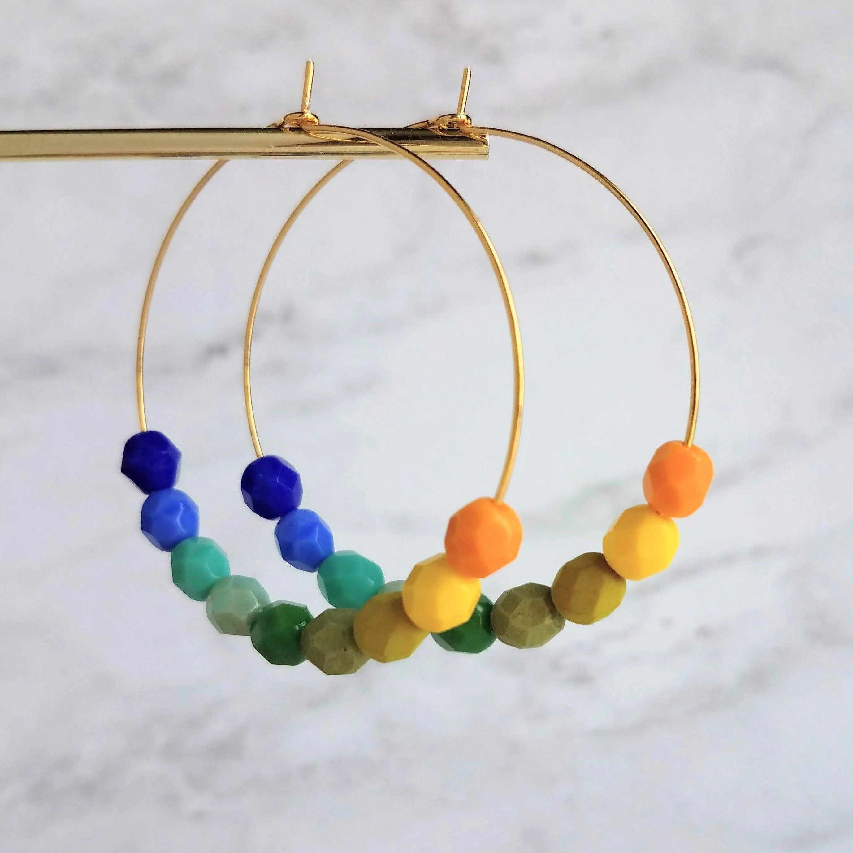 Chunky Bead Earrings - large gold hoop, summer earrings, beaded hoops, bright colorful earring, green blue yellow beads, tropical earrings