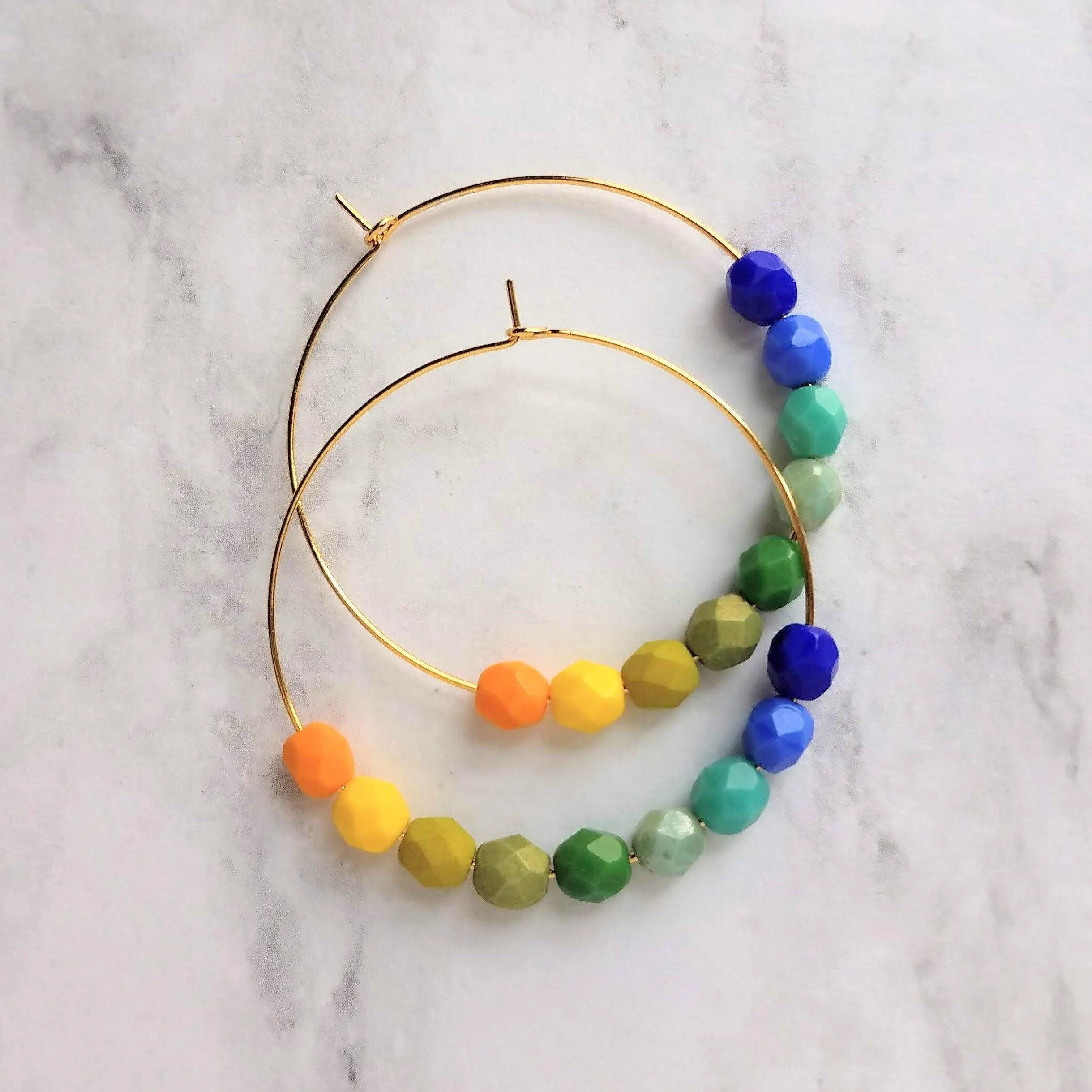 Chunky Bead Earrings - large gold hoop, summer earrings, beaded hoops, bright colorful earring, green blue yellow beads, tropical earrings