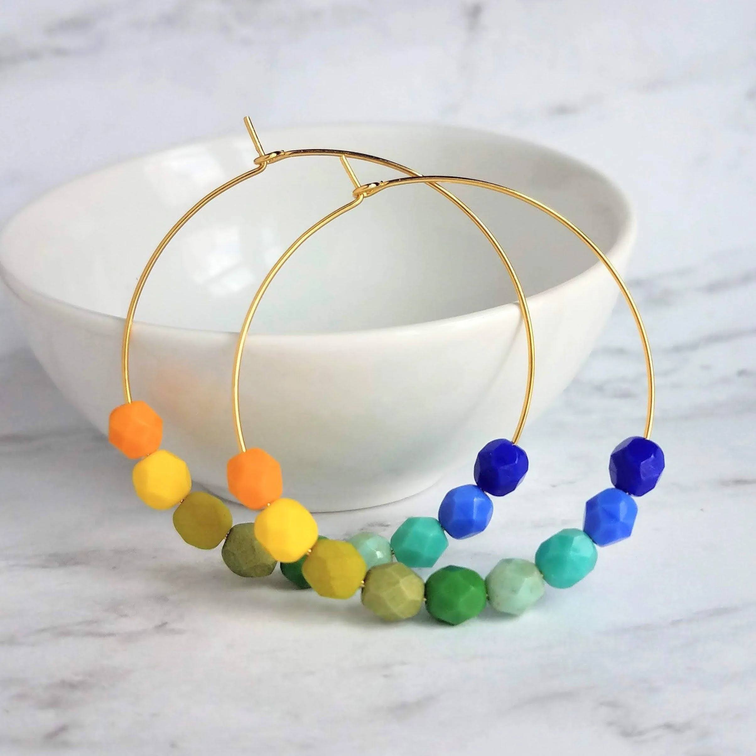 Chunky Bead Earrings - large gold hoop, summer earrings, beaded hoops, bright colorful earring, green blue yellow beads, tropical earrings