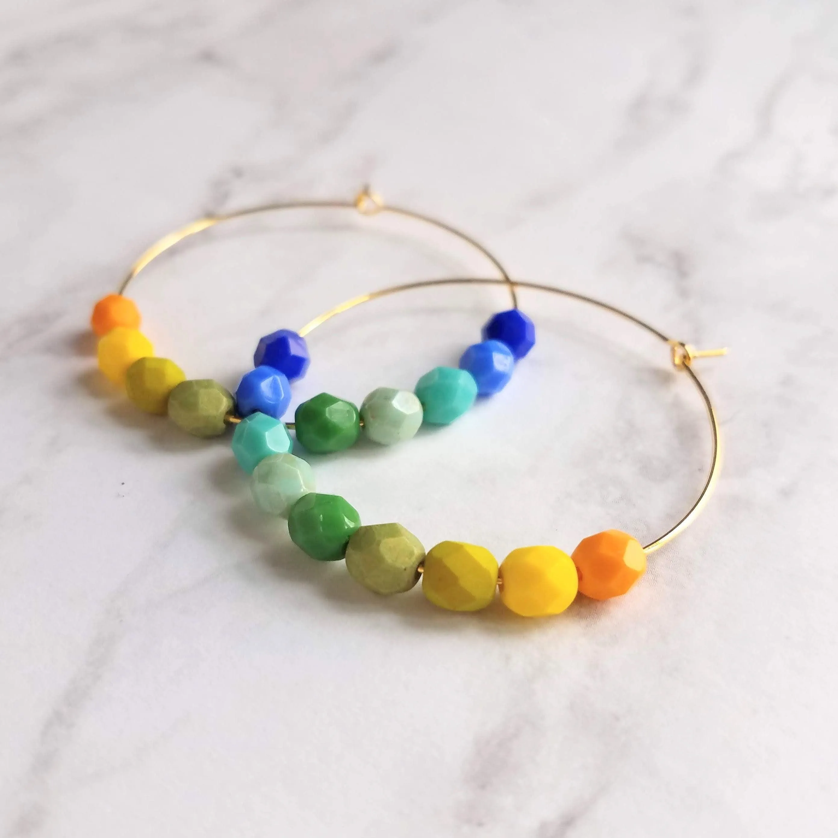Chunky Bead Earrings - large gold hoop, summer earrings, beaded hoops, bright colorful earring, green blue yellow beads, tropical earrings
