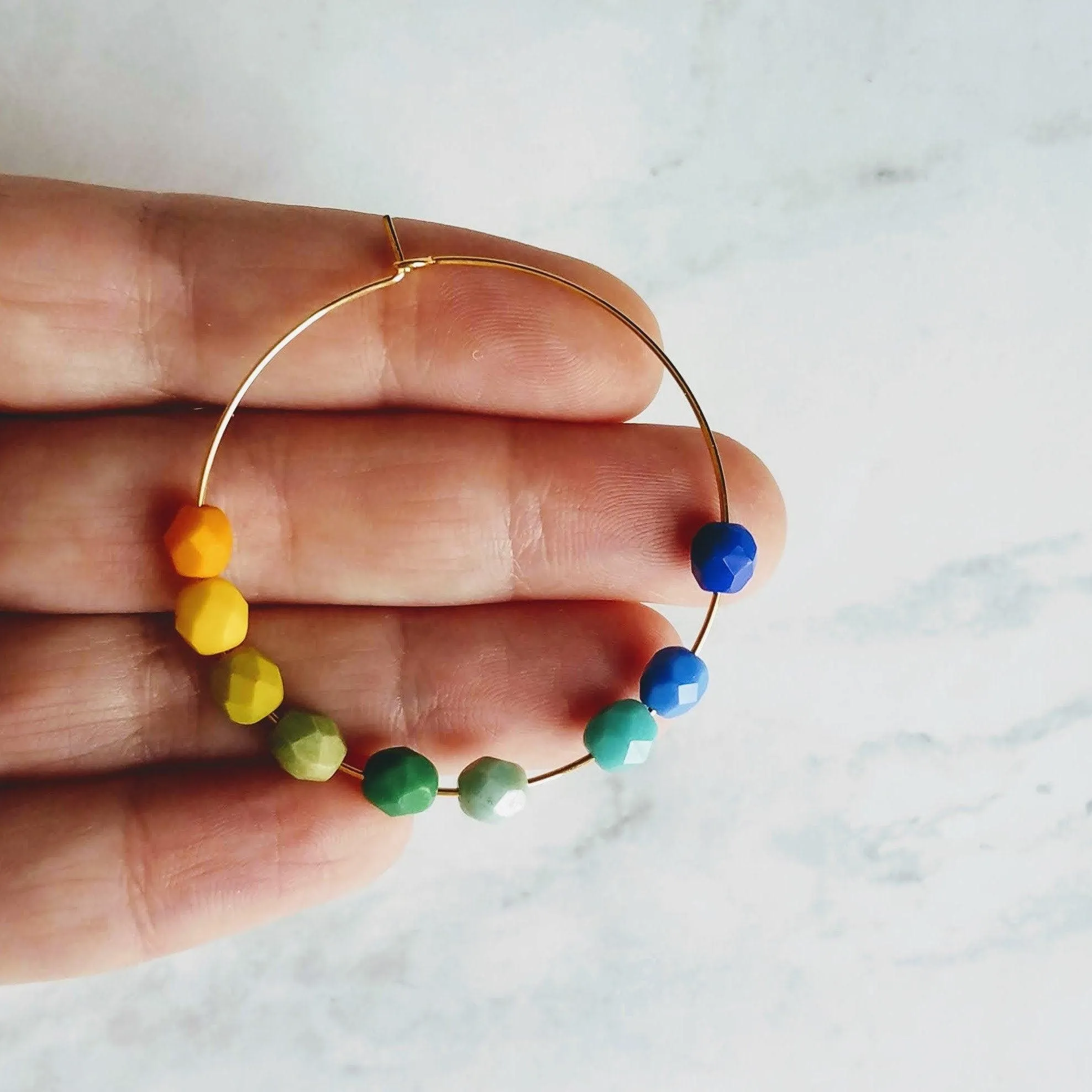 Chunky Bead Earrings - large gold hoop, summer earrings, beaded hoops, bright colorful earring, green blue yellow beads, tropical earrings
