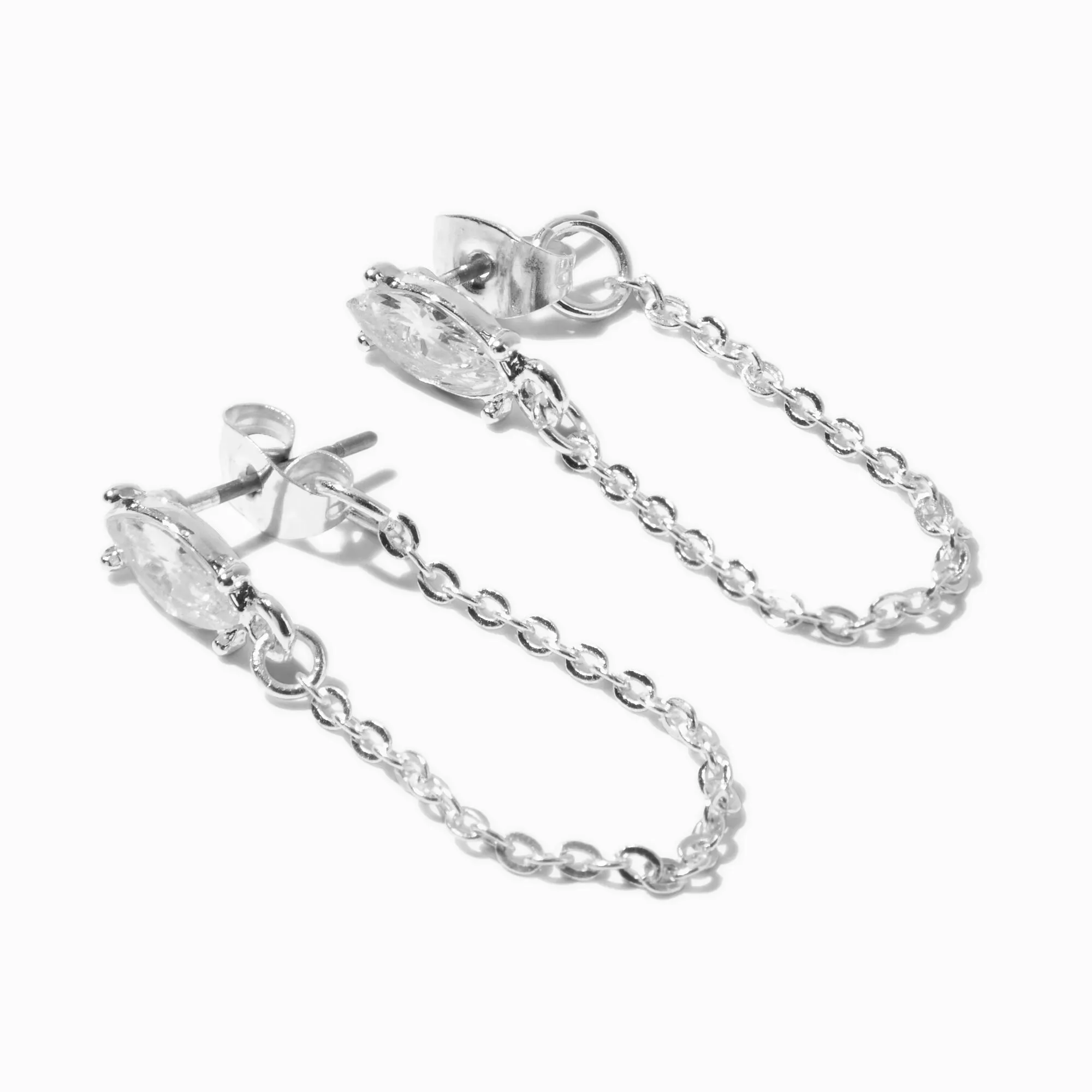 Claire's Teardrop Cubic Zirconia -tone Chain Stud Earrings | Silver