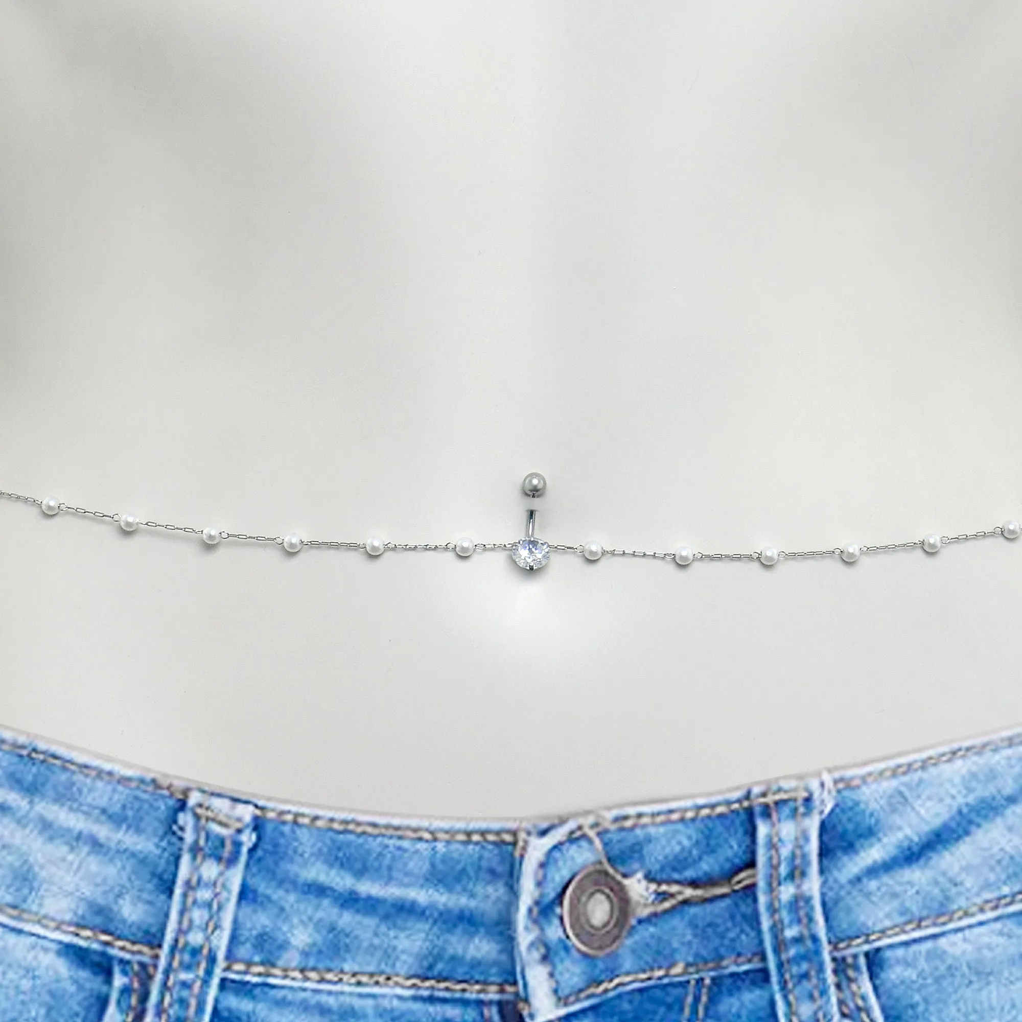 Clear CZ Gem Simple Elegance Faux Pearl Belly Ring Belly Chain
