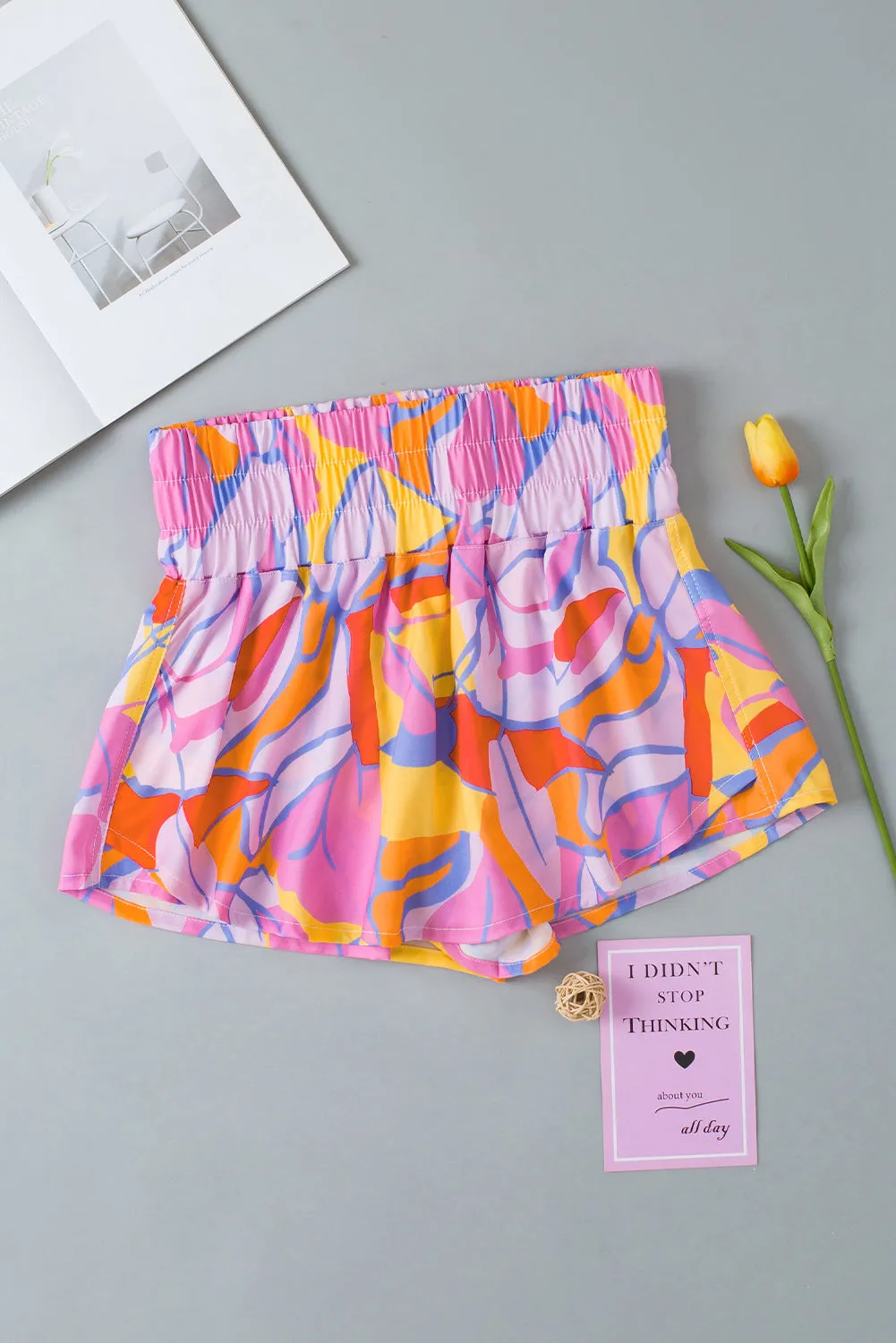 Collie Contrast Print Elastic Waist High Waist Shorts
