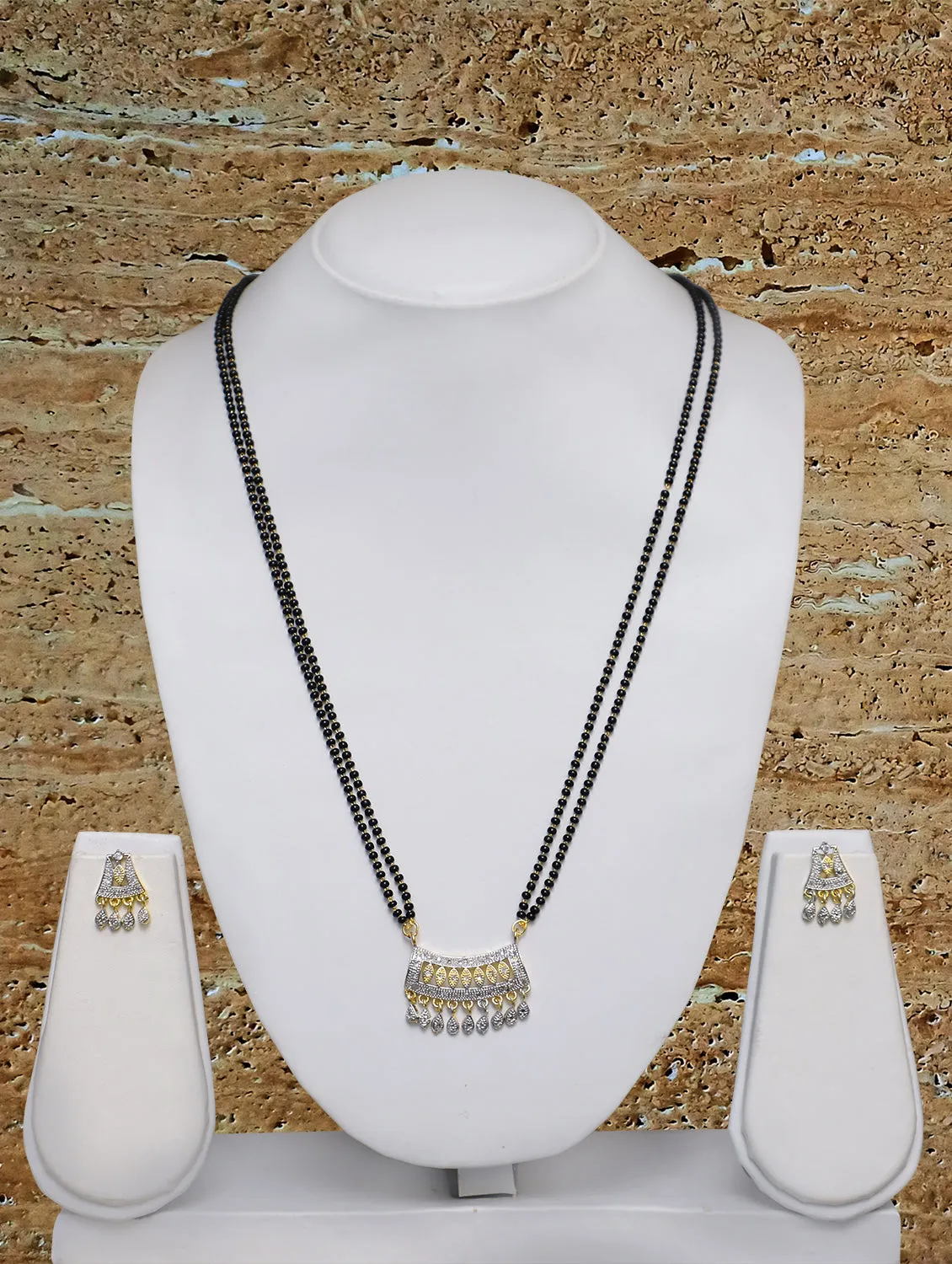 Combo Offer (Set of 2) Long Mangalsutra Designs Gold Plated AD Pendant with Earrings & Gold Necklace Chain