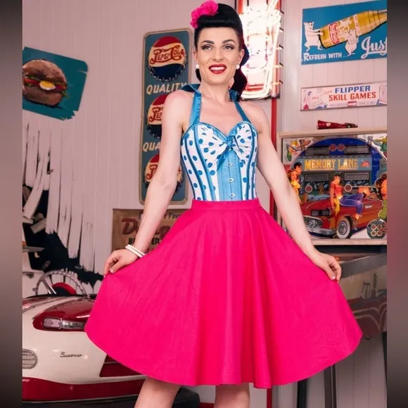 Corset Story | UNIQUE Steel-Boned Cyan Polkadot Halter Overbust Corset, US4, NWT