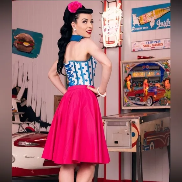 Corset Story | UNIQUE Steel-Boned Cyan Polkadot Halter Overbust Corset, US4, NWT