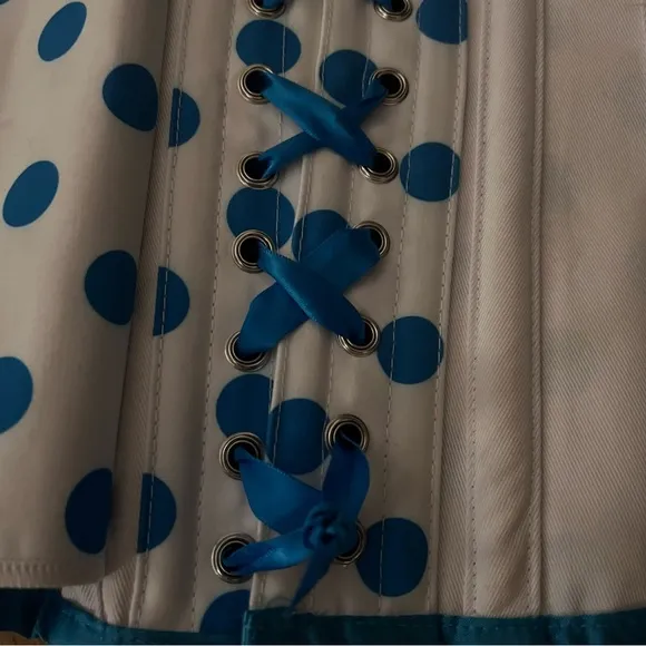 Corset Story | UNIQUE Steel-Boned Cyan Polkadot Halter Overbust Corset, US4, NWT