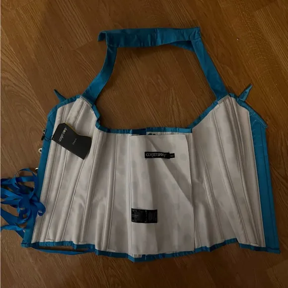 Corset Story | UNIQUE Steel-Boned Cyan Polkadot Halter Overbust Corset, US4, NWT
