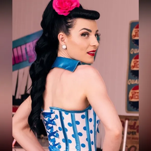 Corset Story | UNIQUE Steel-Boned Cyan Polkadot Halter Overbust Corset, US4, NWT