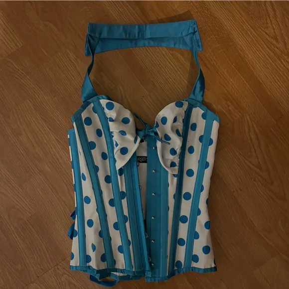 Corset Story | UNIQUE Steel-Boned Cyan Polkadot Halter Overbust Corset, US4, NWT