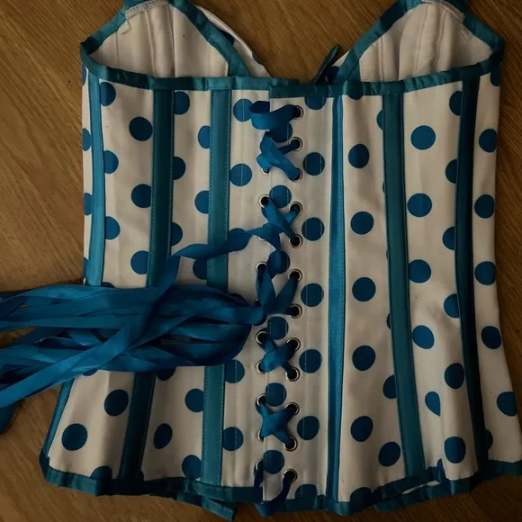 Corset Story | UNIQUE Steel-Boned Cyan Polkadot Halter Overbust Corset, US4, NWT