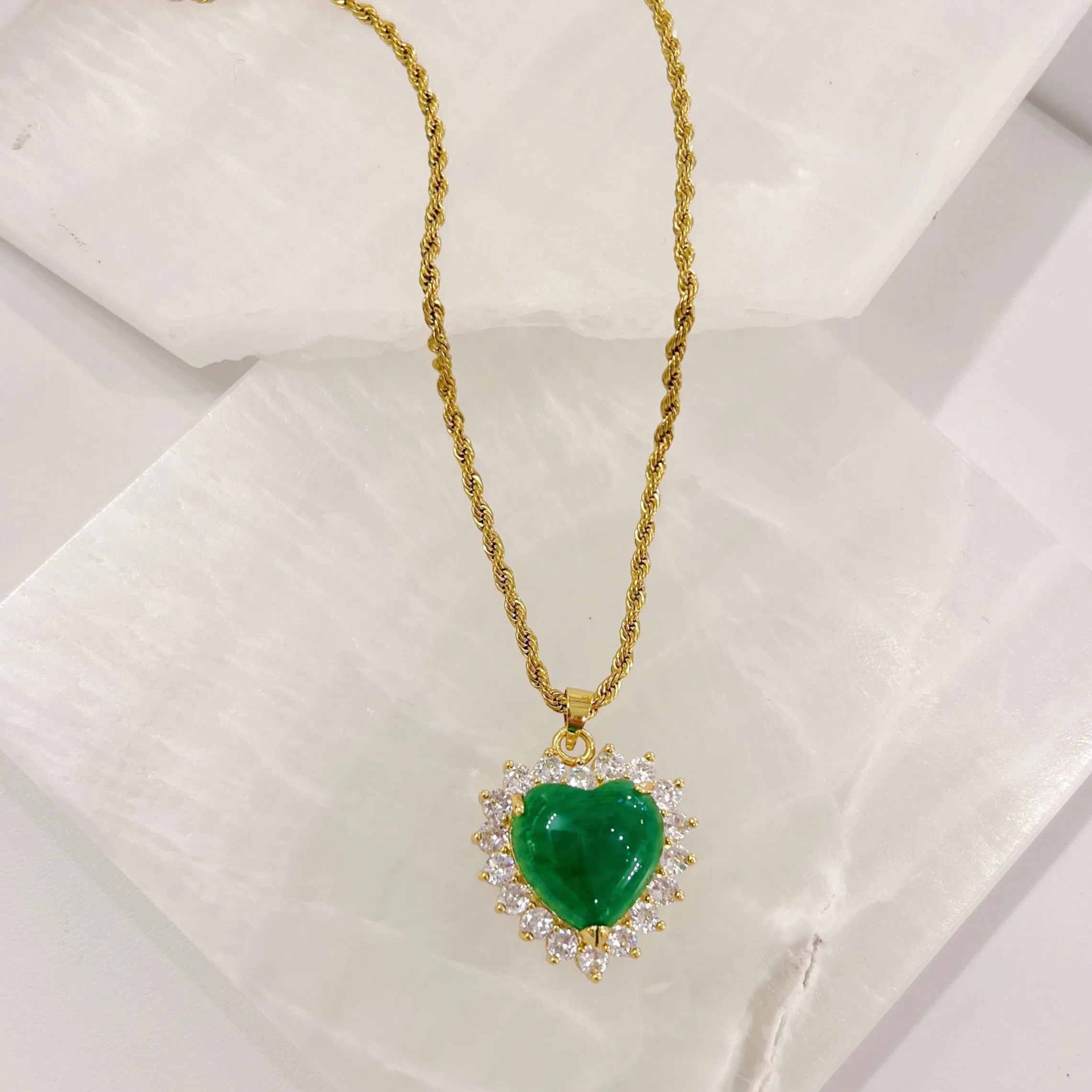 CRYSTAL HEART GREEN JADE necklace
