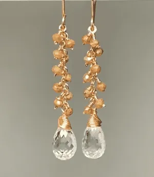 Crystal Quartz Rose Gold Gemstone Dangle Earrings with Gold Labradorite