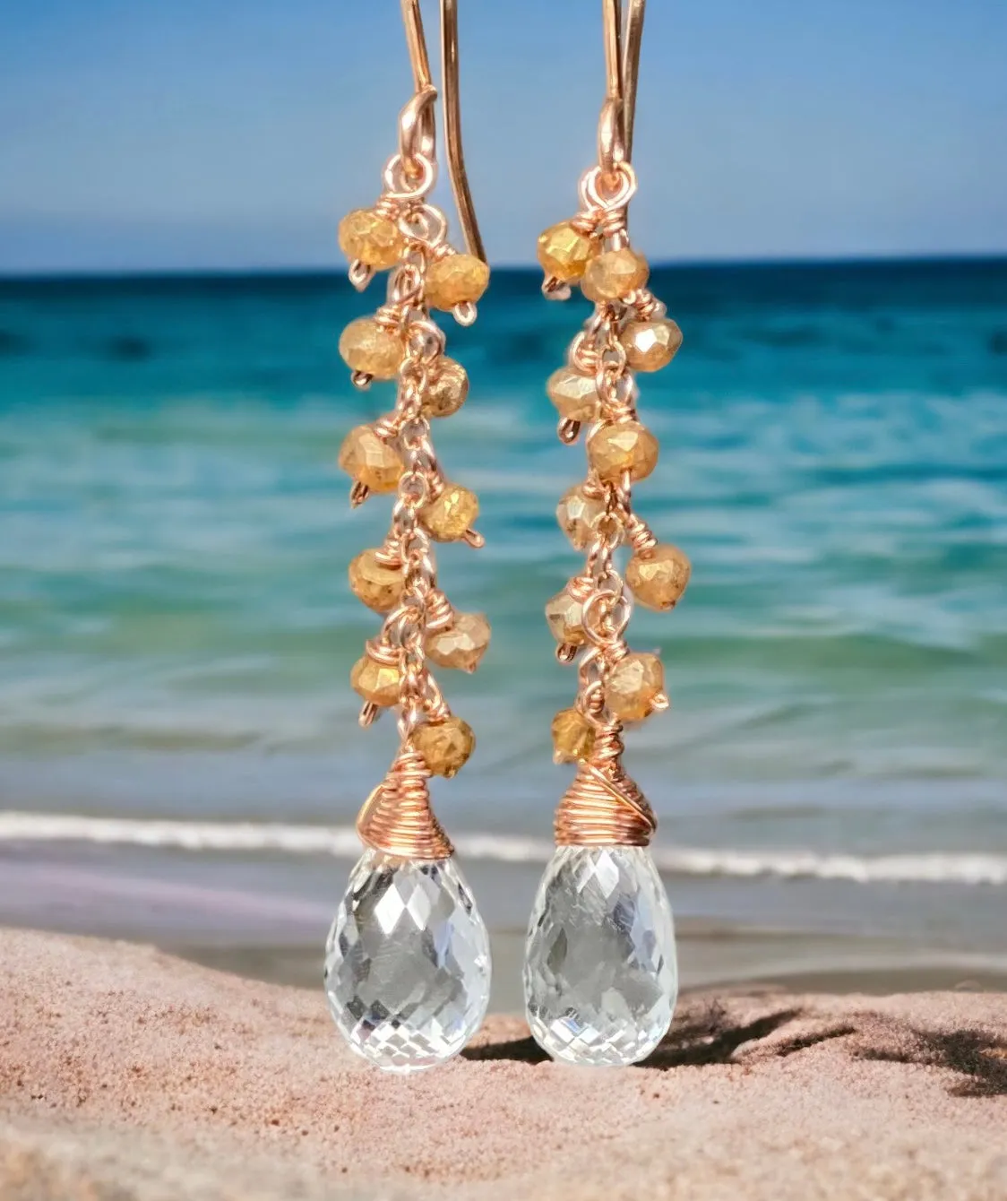 Crystal Quartz Rose Gold Gemstone Dangle Earrings with Gold Labradorite