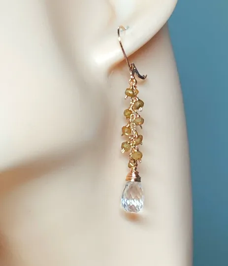 Crystal Quartz Rose Gold Gemstone Dangle Earrings with Gold Labradorite
