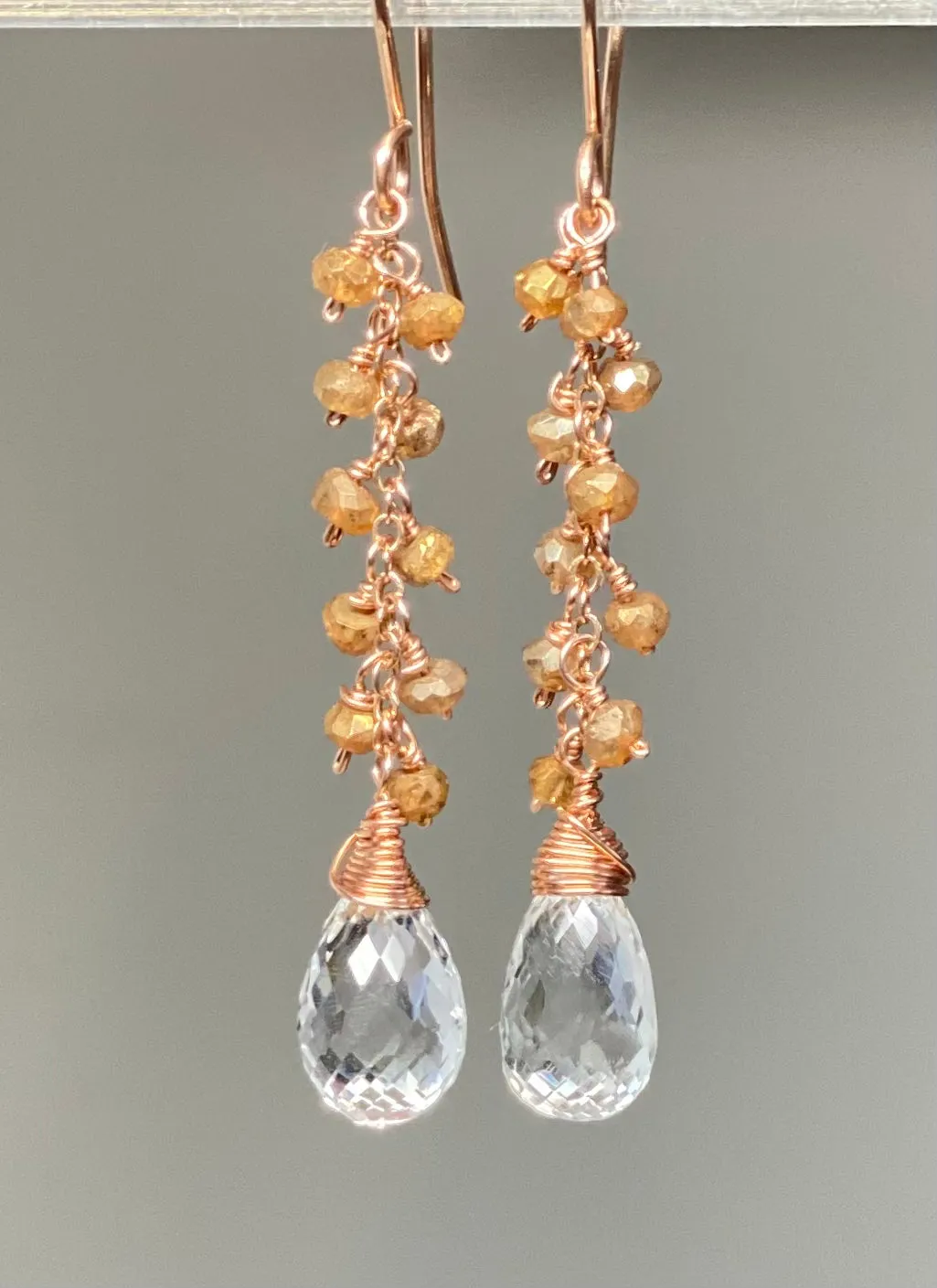 Crystal Quartz Rose Gold Gemstone Dangle Earrings with Gold Labradorite