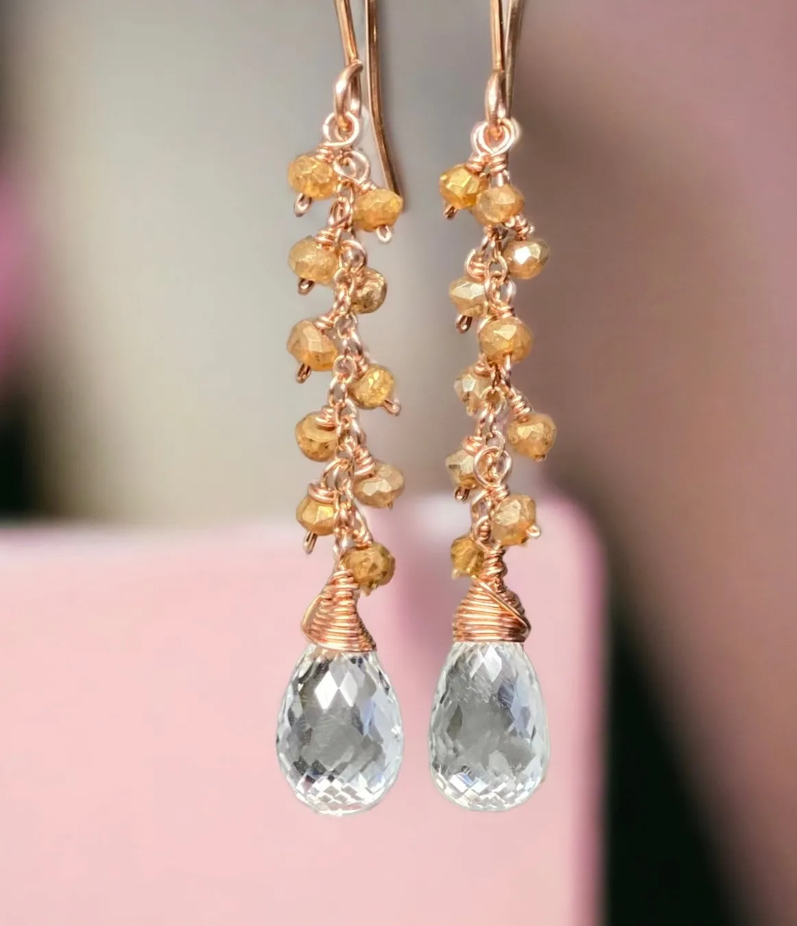 Crystal Quartz Rose Gold Gemstone Dangle Earrings with Gold Labradorite