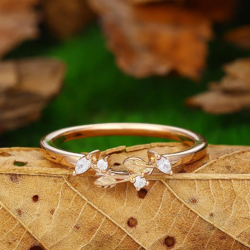 Curved Wedding Band Nature Inspired Leaf Stacking  Moissanite Stackable Ring