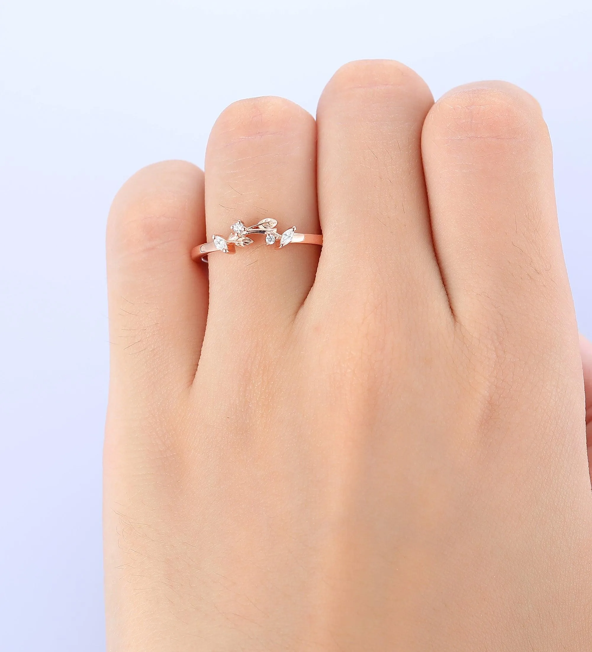 Curved Wedding Band Nature Inspired Leaf Stacking  Moissanite Stackable Ring