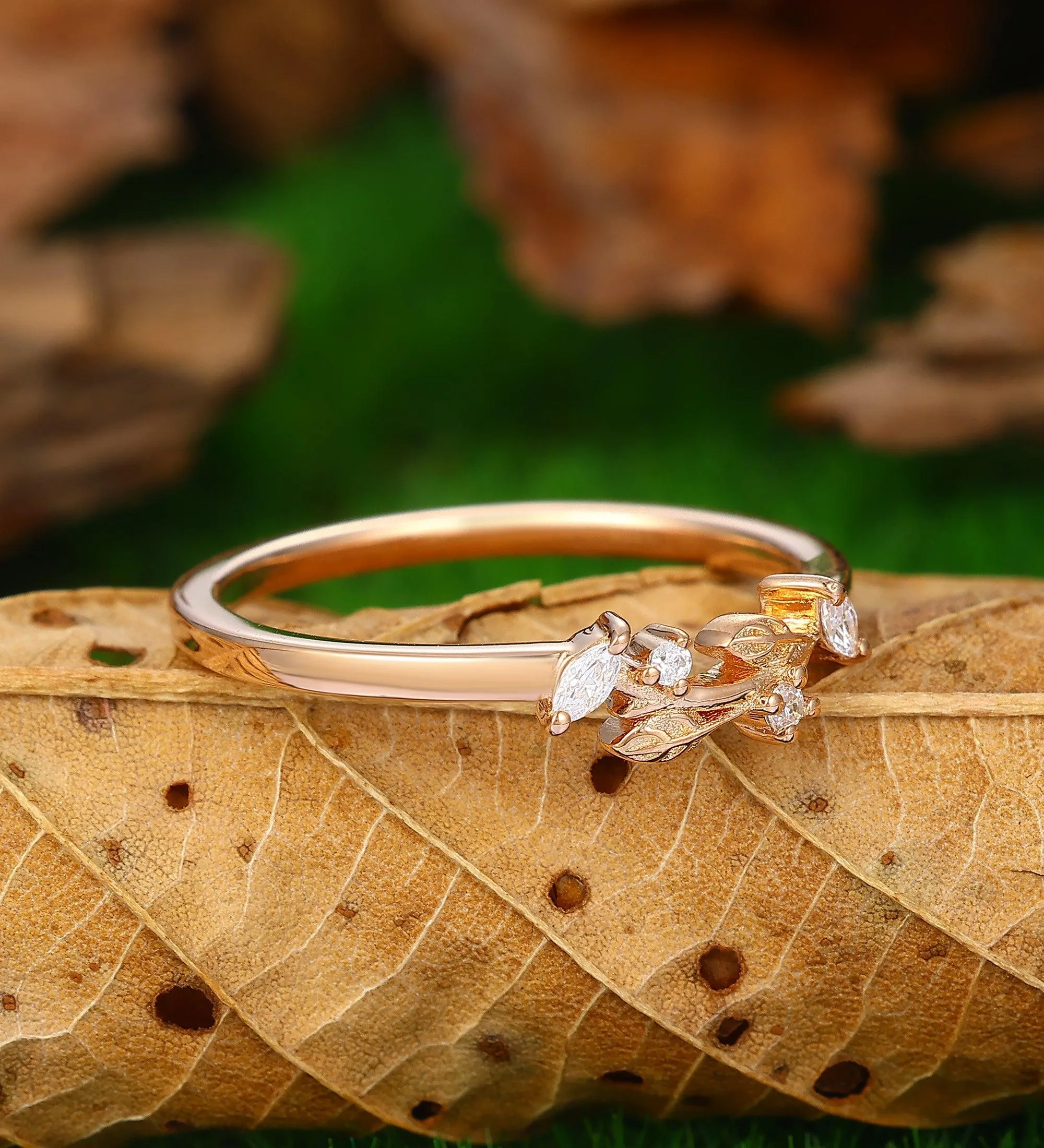 Curved Wedding Band Nature Inspired Leaf Stacking  Moissanite Stackable Ring