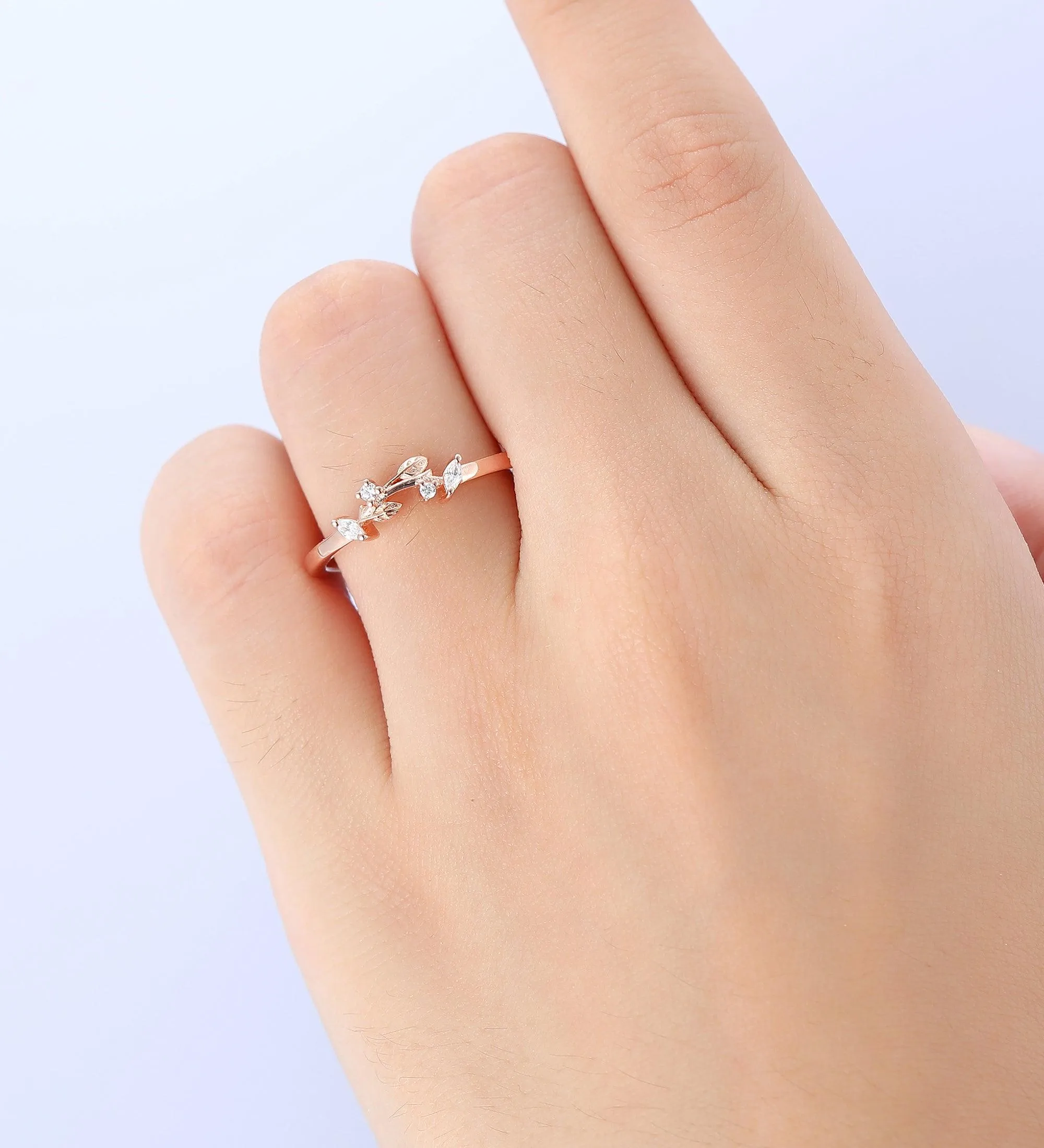 Curved Wedding Band Nature Inspired Leaf Stacking  Moissanite Stackable Ring