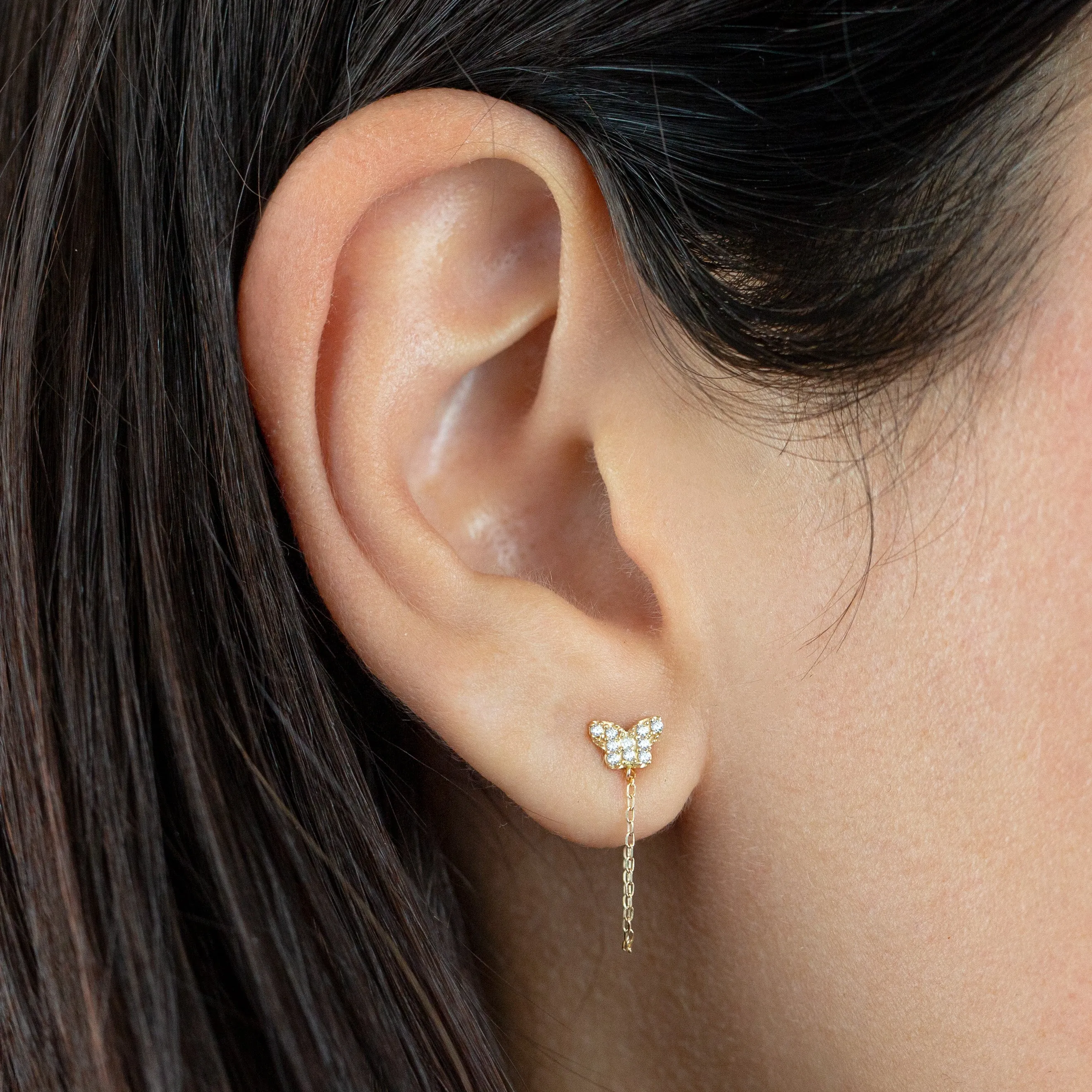 CZ Butterfly Chain Stud Earring 14K