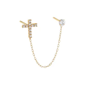CZ Cross X Solitaire Chain Stud Earring 14K